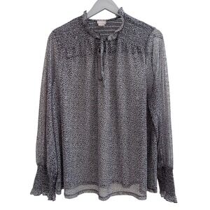 Chicos Top 3 XL‎ Sheer Chiffon Blouse Smocked Ruffle Long Sleeve Tie Neck